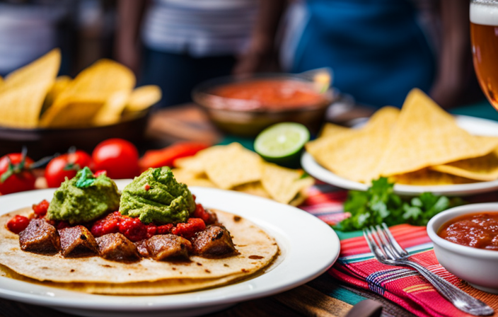 the vibrant culinary scene of San Miguel through a mouthwatering image: A colorful plate filled with traditional Mexican delicacies, adorned with fresh guacamole, tangy salsa, succulent grilled meat, and a sprinkle of aromatic herbs