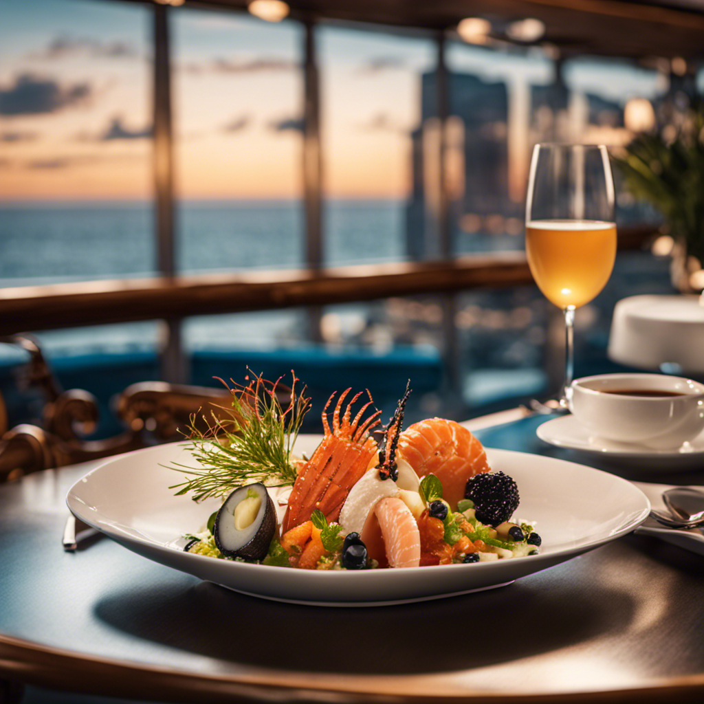 the vibrant atmosphere of MSC Seascape's delightful dining venues, showcasing an array of delectable dishes, from elegantly presented seafood platters to artfully crafted desserts, all set against a backdrop of sweeping ocean views