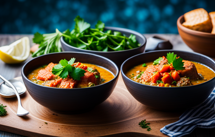 An image showcasing a beautifully arranged bowl of hearty lentil stew, adorned with tender chunks of roasted salmon