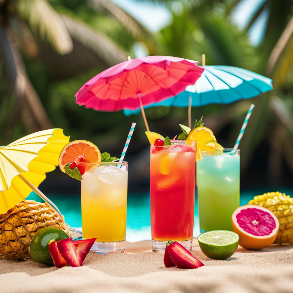 An image featuring a tropical beach backdrop, adorned with vibrant, fruit-filled glasses and colorful paper umbrellas, exquisitely garnished mocktails, inviting readers to embark on a refreshing cruise experience