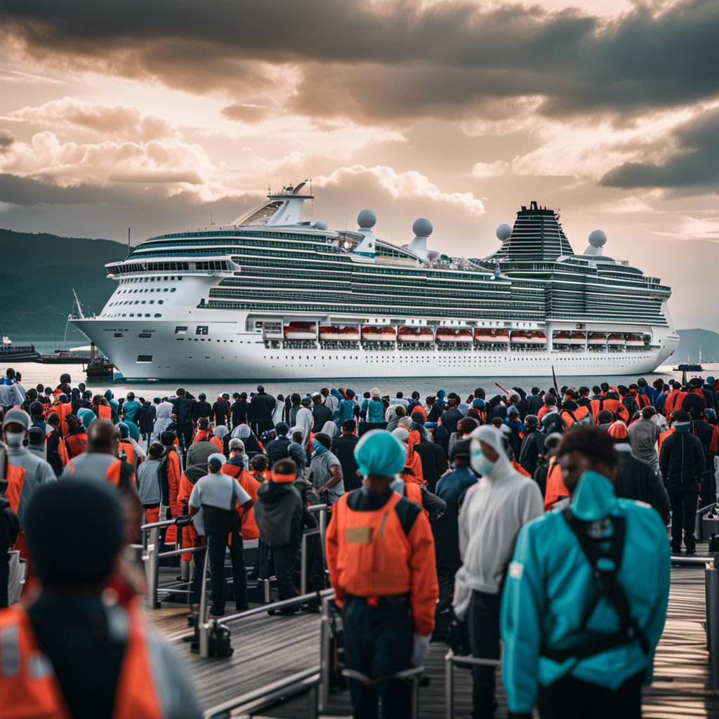 Vating image portraying a bustling cruise ship docked at a serene port, with masked passengers patiently waiting in line for testing, while crew members clad in protective gear ensure a safe boarding process