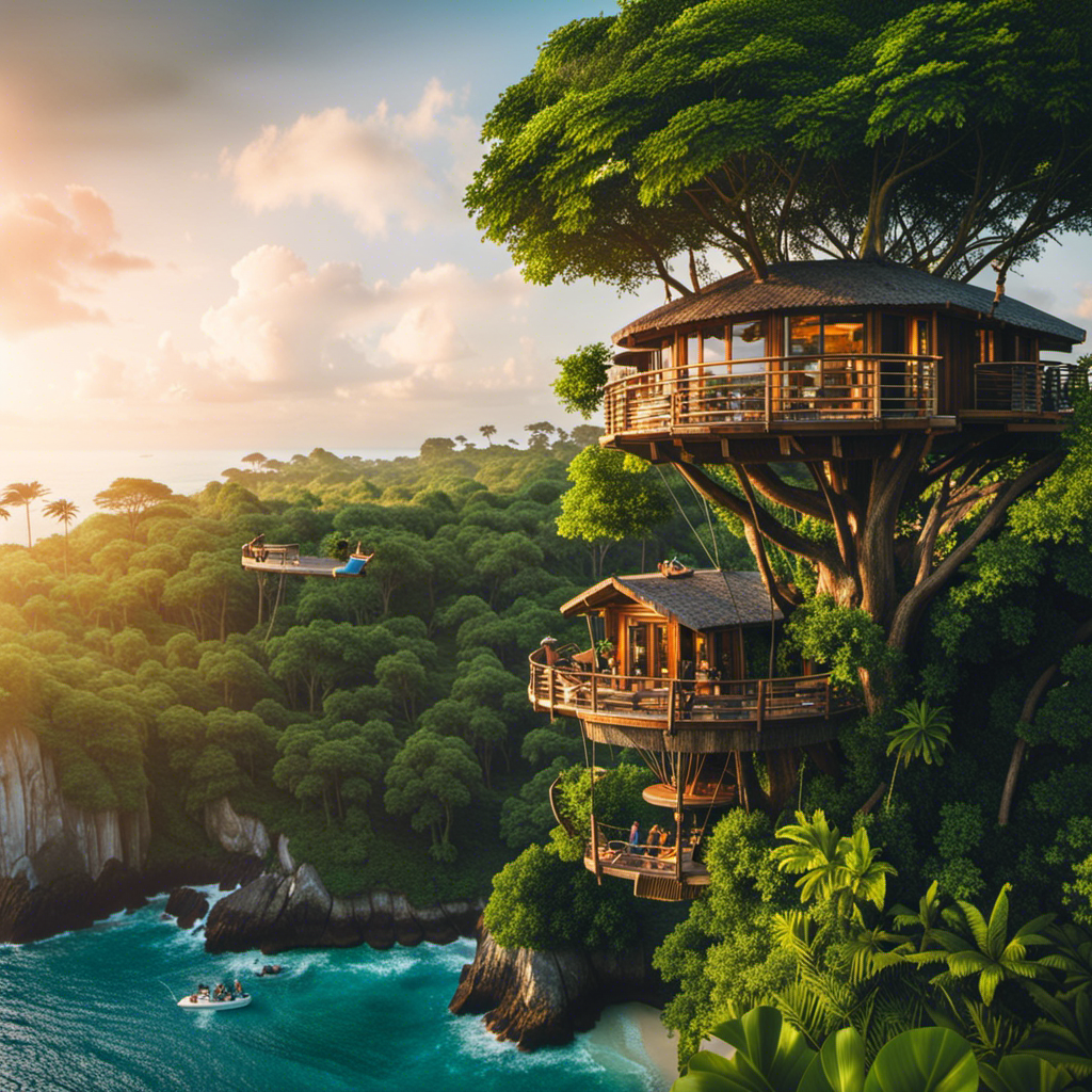 An image that showcases a stunning treehouse nestled amidst lush greenery, with a luxurious eco-hotel in the background