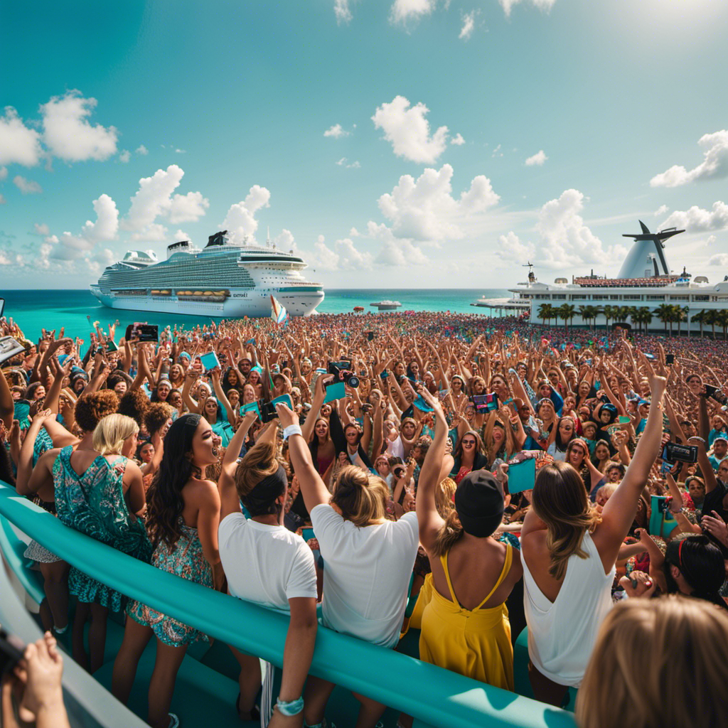 An image capturing the electrifying atmosphere of a Demi Lovato concert on a Celebrity Cruise ship, amidst the vibrant backdrop of St