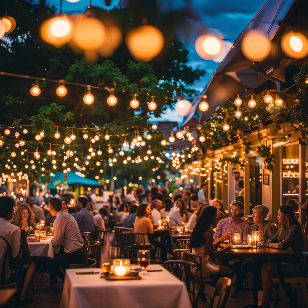 An image capturing the vibrant pulse of Orlando's dining scene: a bustling open-air restaurant patio, adorned with twinkling string lights, where diners savor delectable dishes amidst lush greenery and a colorful sunset backdrop