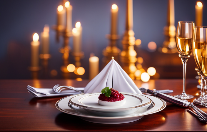 An image capturing the opulent ambiance of the Captain's Table: a gleaming crystal chandelier casting a warm glow on a polished mahogany table adorned with exquisite silverware, fine china, and elegantly folded napkins