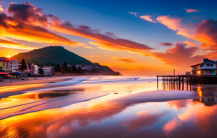 An image showcasing a vibrant sunset over San Juan Del Sur's picturesque beach, capturing locals and tourists dining al fresco, sipping cocktails, and exploring the colorful streets filled with charming shops and bustling markets