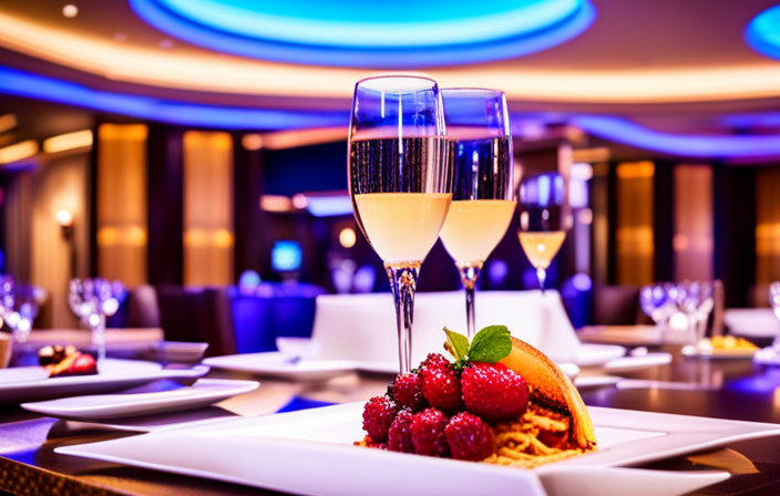 An image capturing the opulent ambiance of the Norwegian Bliss, showcasing a lavish dining area adorned with sparkling chandeliers, offering an array of delectable cuisine, accompanied by a colorful assortment of beverages, while live entertainment captivates guests in the background