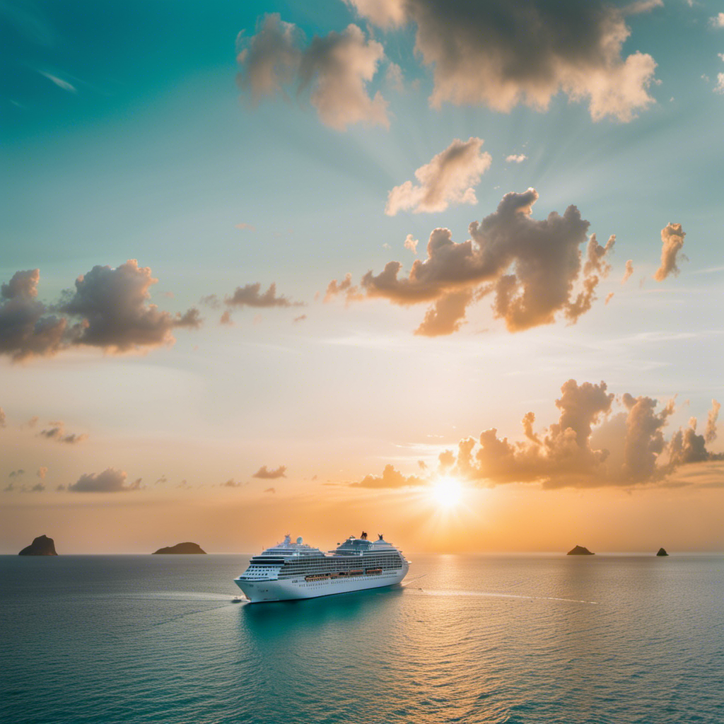 Nt image of a majestic cruise ship sailing through crystal-clear turquoise waters, surrounded by lush tropical islands