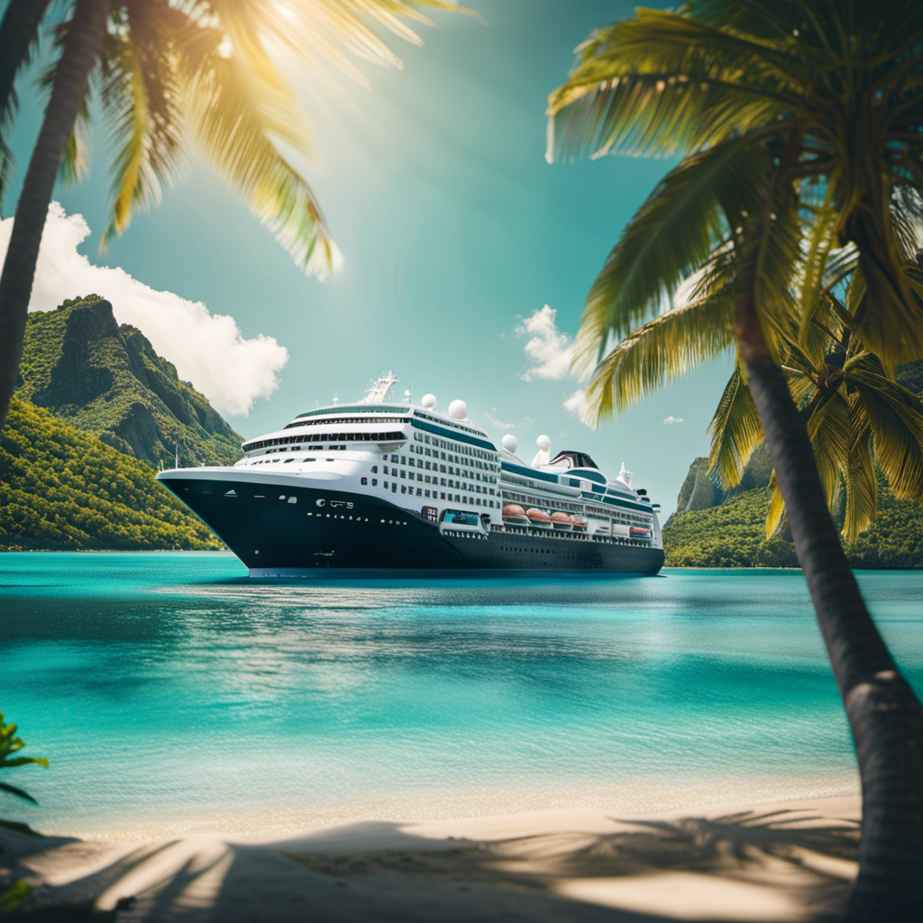 An image depicting a luxurious Azamara cruise ship sailing through crystal-clear turquoise waters, surrounded by breathtaking tropical islands, while passengers relax on deck, basking in the sun and enjoying the stunning scenery