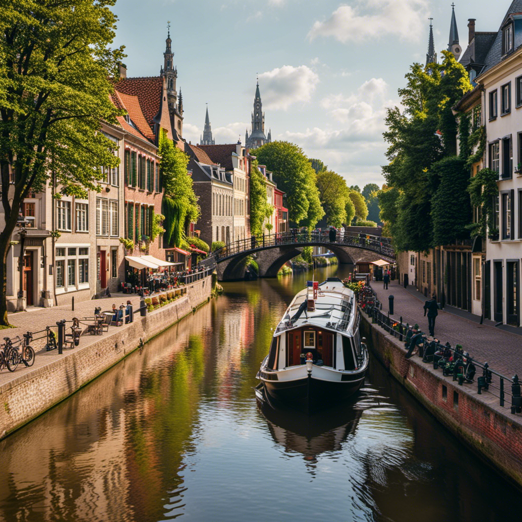 the essence of Belgium's enchanting river cruise route with an image of a charming canal boat gliding serenely through picturesque waterways, flanked by historic cobblestone streets, colorful Flemish houses, and quaint bridges