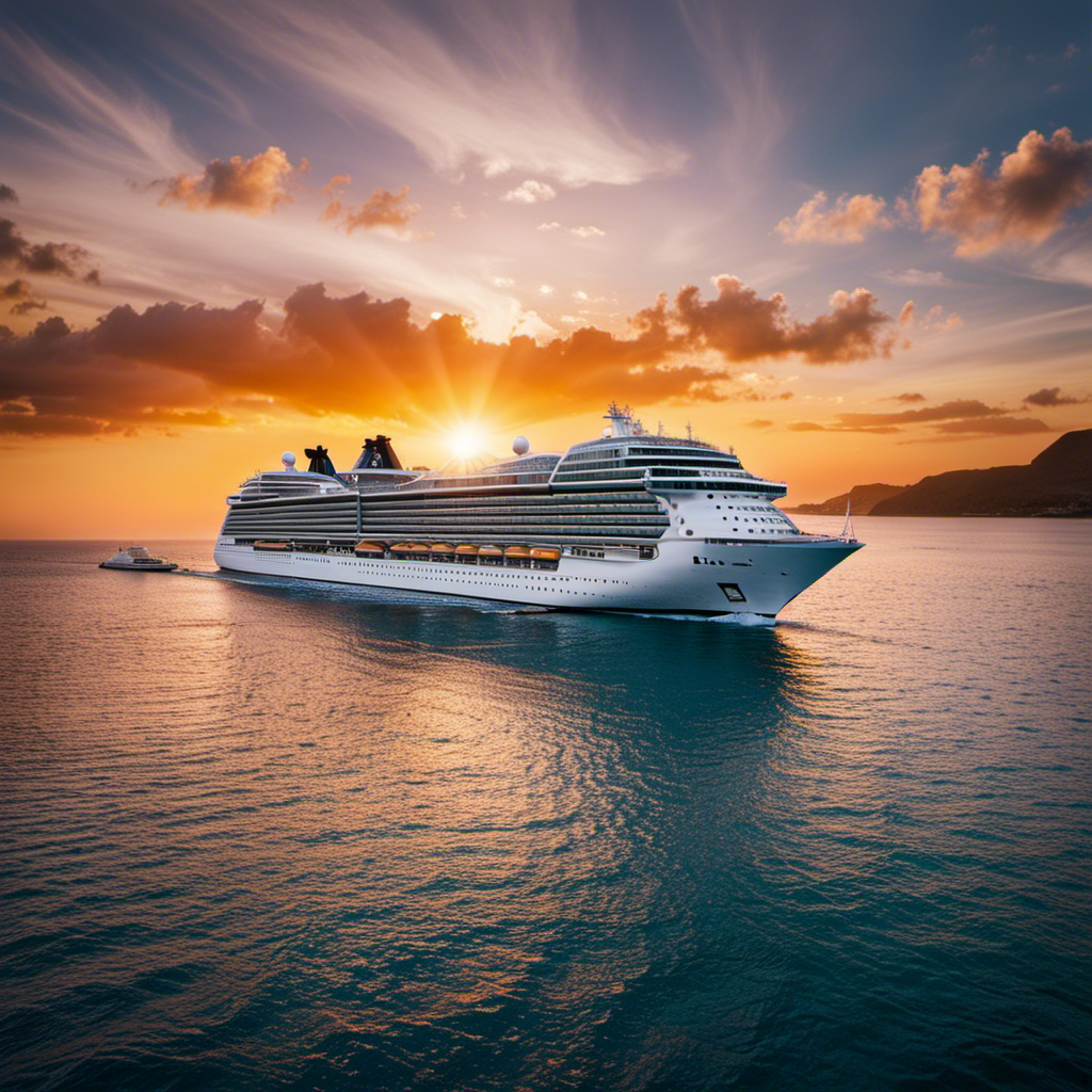 An image of an elegant cruise ship at sunset, adorned with sleek, contemporary architecture and floor-to-ceiling glass windows