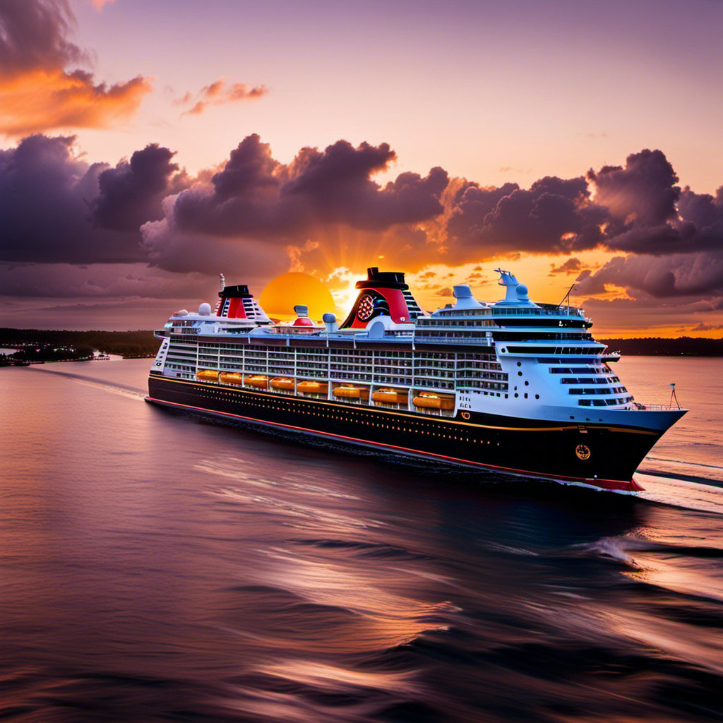 An image showcasing the majestic silhouette of Disney Cruise Line's latest ships against a vibrant sunset backdrop, with families enjoying thrilling water slides, whimsical characters, and delectable dining experiences on deck