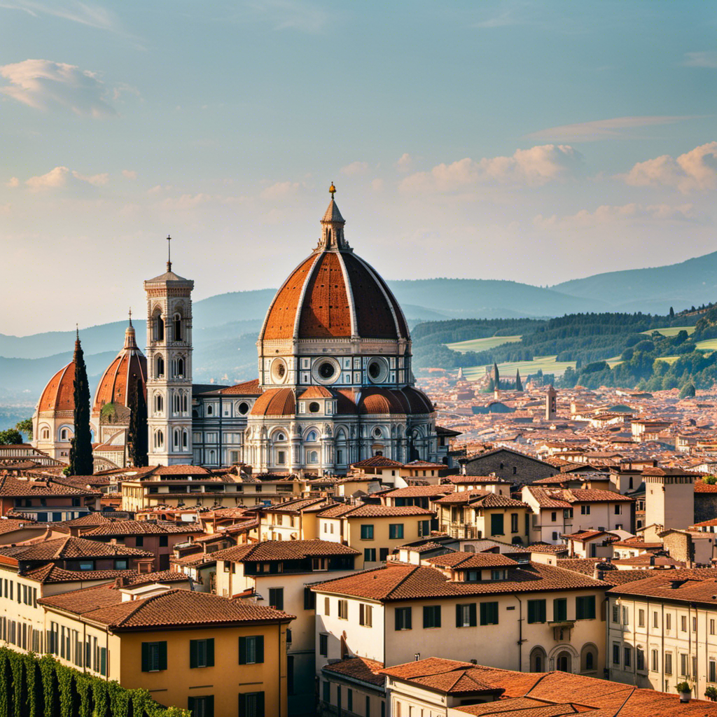 An image showcasing the iconic Duomo, delicately towering over the streets of Florence, with vibrant Renaissance architecture lining the cobblestone paths, while vineyards gracefully sprawl across the rolling hills in the backdrop