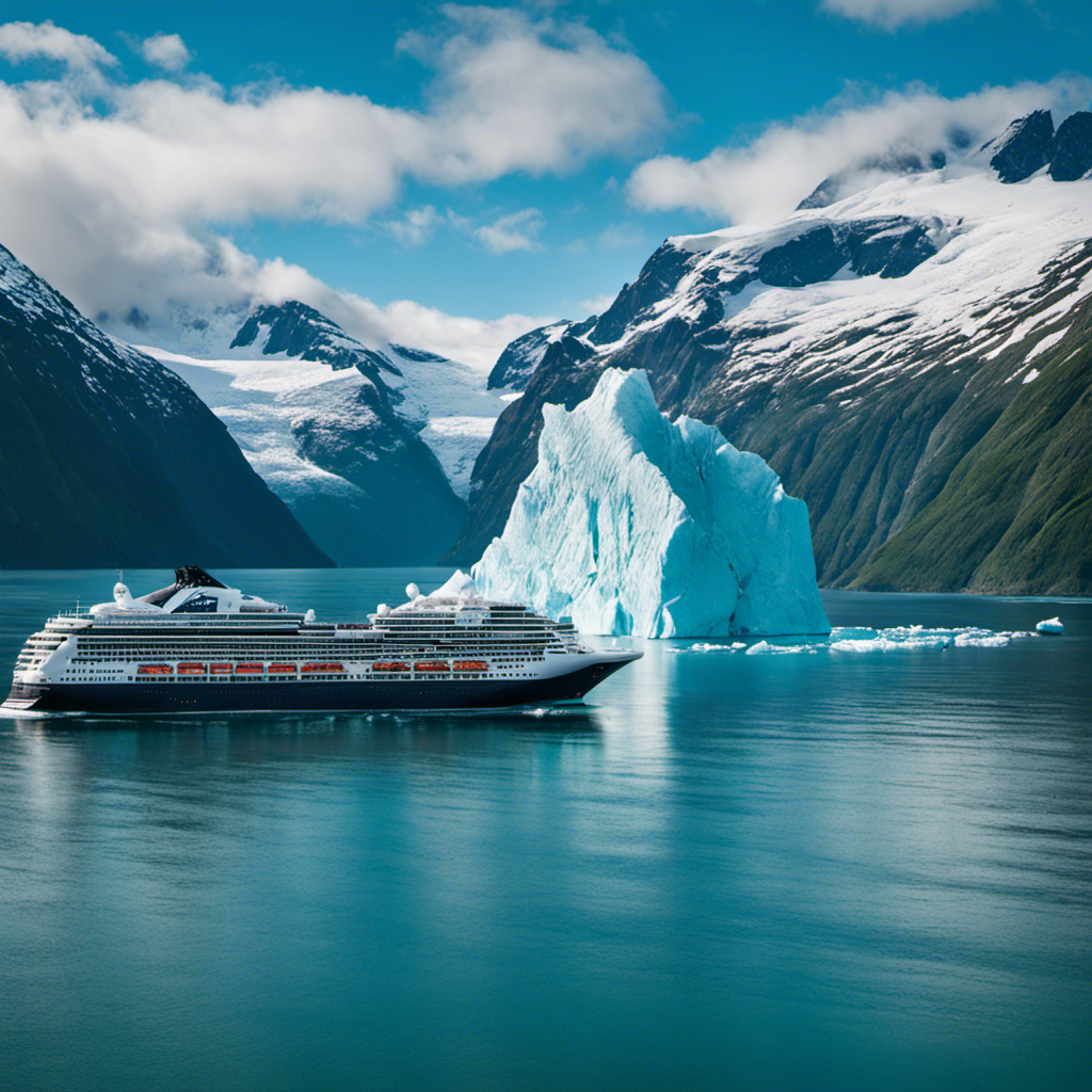 An image featuring a majestic glacier-carved fjord with towering snow-capped mountains, a Norwegian Cruise Line ship gliding through pristine turquoise waters surrounded by breaching humpback whales and playful sea otters, epitomizing the unforgettable allure of Alaska sailings in 2022