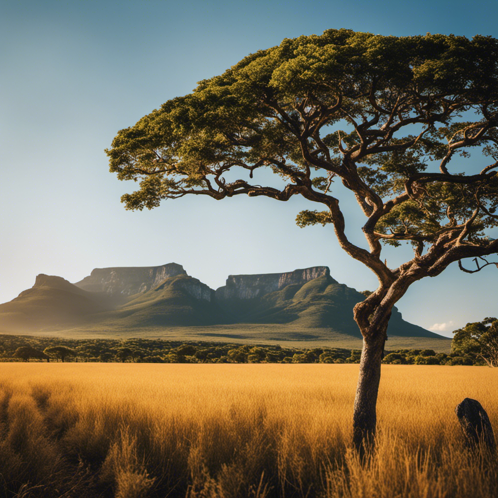 An image showcasing the breathtaking beauty of South Africa's diverse landscapes on an MSC Cruise: golden savannahs stretching into the horizon, majestic mountains, vibrant vineyards, and the sparkling azure waters of the Indian Ocean
