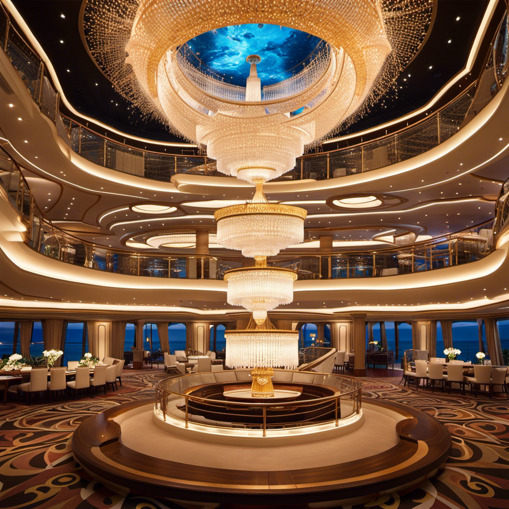 An image showcasing the opulent interior of the brand-new Discovery Princess cruise ship: elegant chandeliers illuminate a grand atrium, while panoramic windows reveal breathtaking ocean views and luxurious amenities