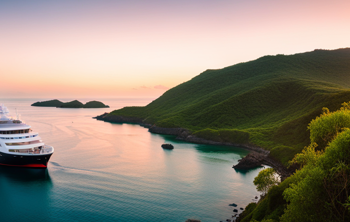 the enchanting essence of Celebrity Flora's Galapagos Cruises in an image that highlights the pristine turquoise waters and lush green landscapes