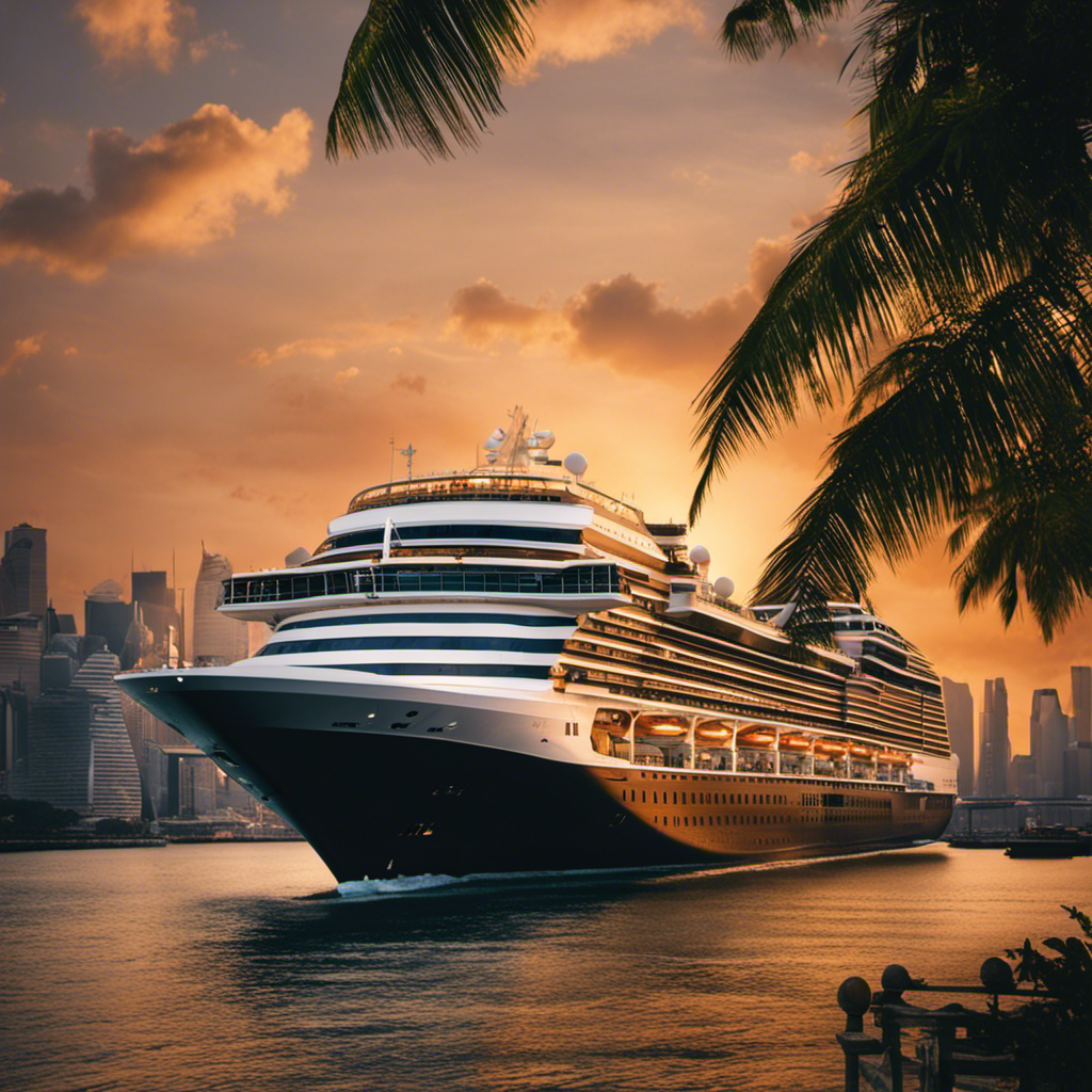 An image that captures the essence of an Asia cruise with Holland America Line: A gleaming cruise ship majestically sails through a stunning sunset backdrop, surrounded by iconic Asian landmarks and vibrant cultural symbols