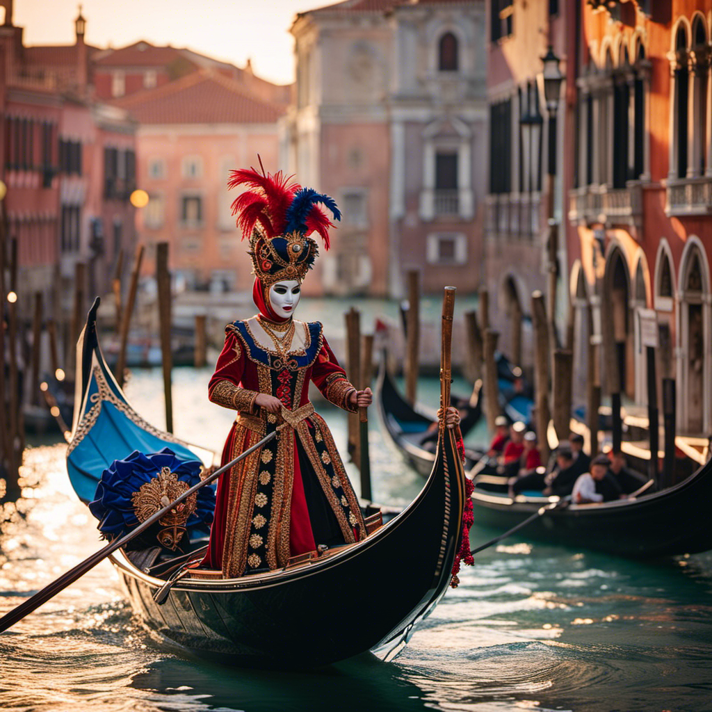 An image capturing the enchanting ambiance of Venice's Carnival: a picturesque gondola gliding through the famous canals, adorned with intricate Venetian masks, while vibrant lights and captivating performers add a touch of mystique