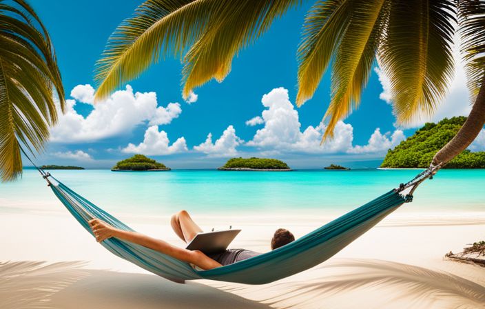 An image of a serene beach with a laptop, surrounded by palm trees and a crystal-clear turquoise sea