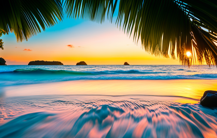 An image showcasing the pristine white sandy beaches of Royalton Blue Waters in Jamaica, with crystal clear turquoise waters gently lapping the shore, framed by lush palm trees and vibrant tropical flowers