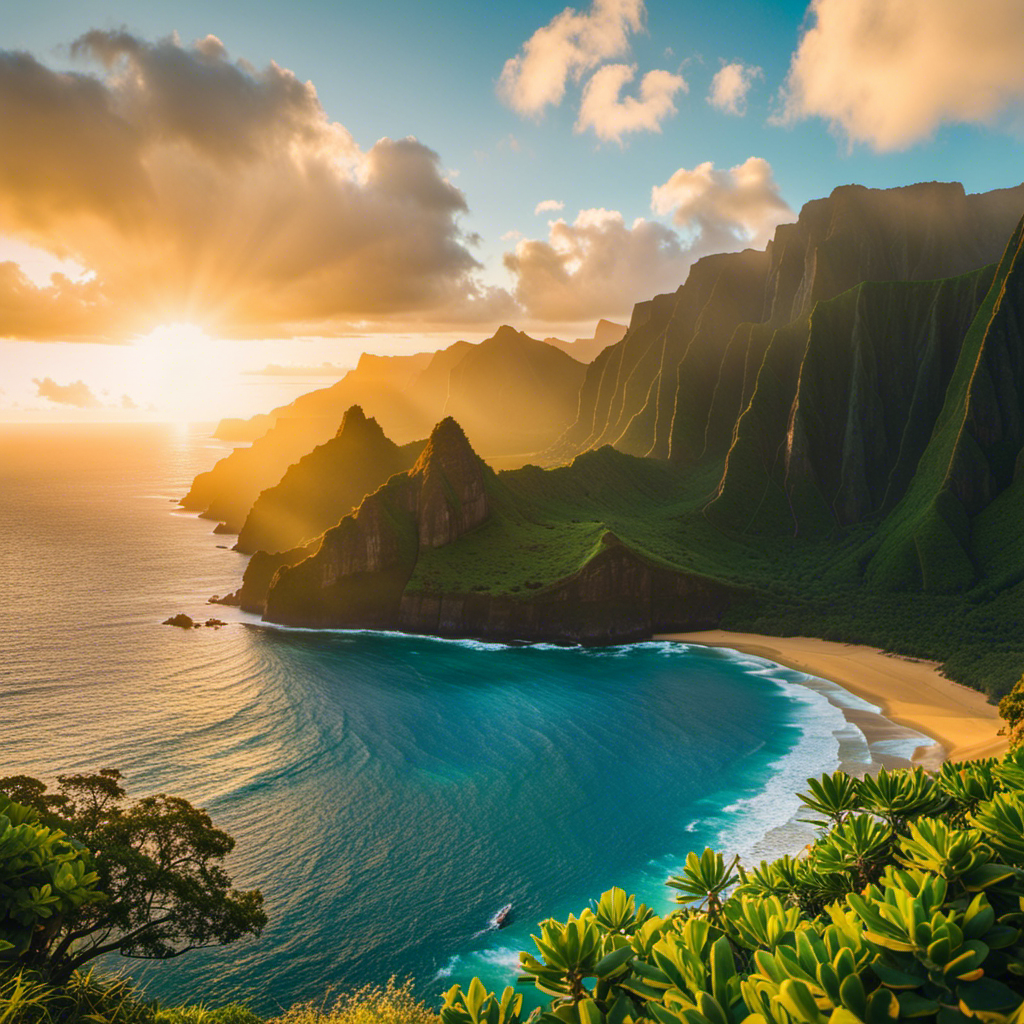 An image showcasing the vibrant emerald cliffs cascading into the sparkling azure waters, while the golden sun sets behind the majestic Napali Coast, capturing the mesmerizing beauty of Kauai