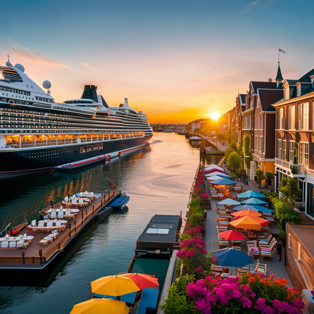 the enchanting essence of Holland America Westerdam by showcasing a vibrant sunset over the ship's elegant deck, adorned with colorful lounge chairs, as it cruises along a picturesque canal lined with charming Dutch houses