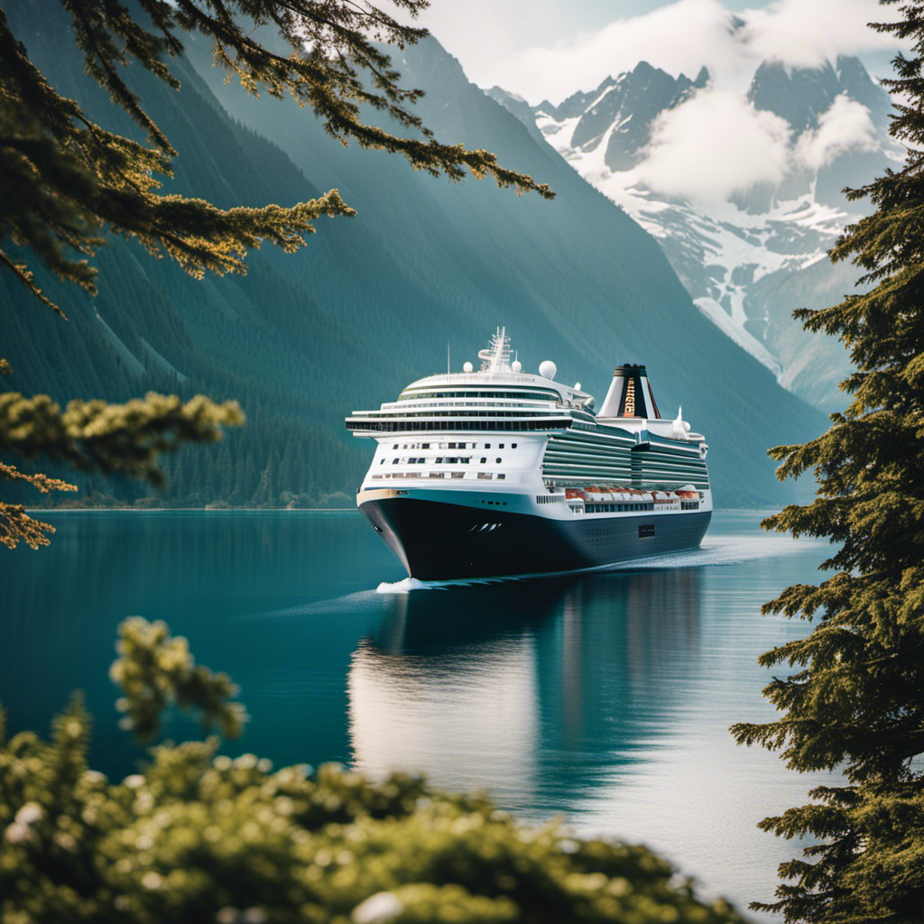 An image showcasing a majestic cruise ship sailing through the tranquil waters of the West Coast, surrounded by towering snow-capped mountains, lush green forests, and vibrant wildlife