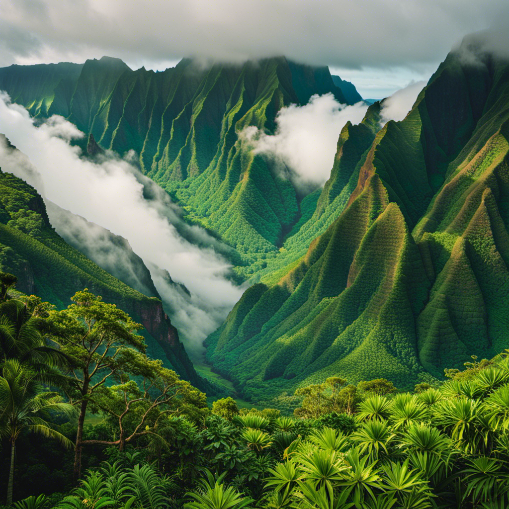 the ethereal allure of Kauai's Mount Waialeale as mist-shrouded peaks rise majestically against a vibrant backdrop of lush emerald rainforests