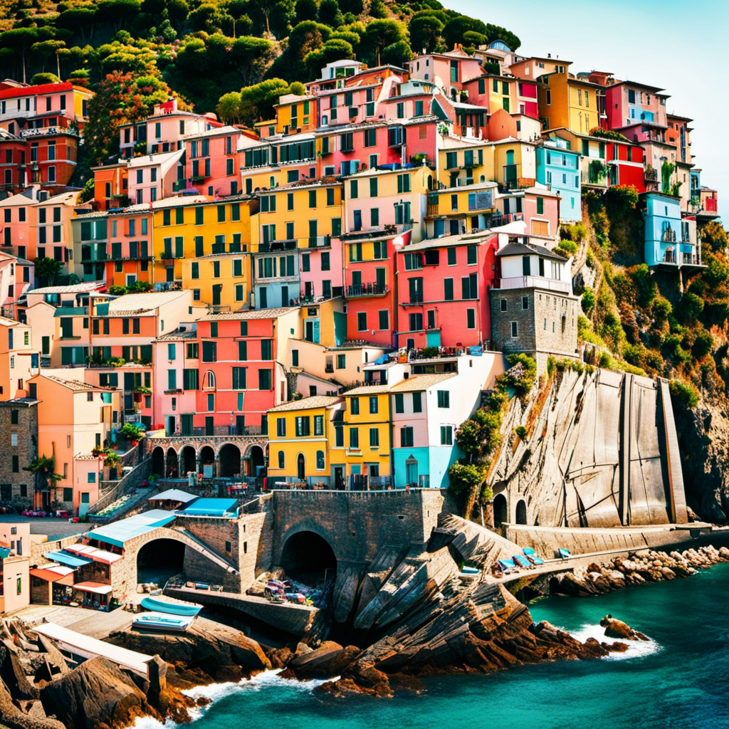 the mesmerizing allure of Cinque Terre in a single frame: The vibrant hues of pastel-colored houses clinging to steep cliffs, overlooking turquoise waters that gently kiss the rocky shoreline