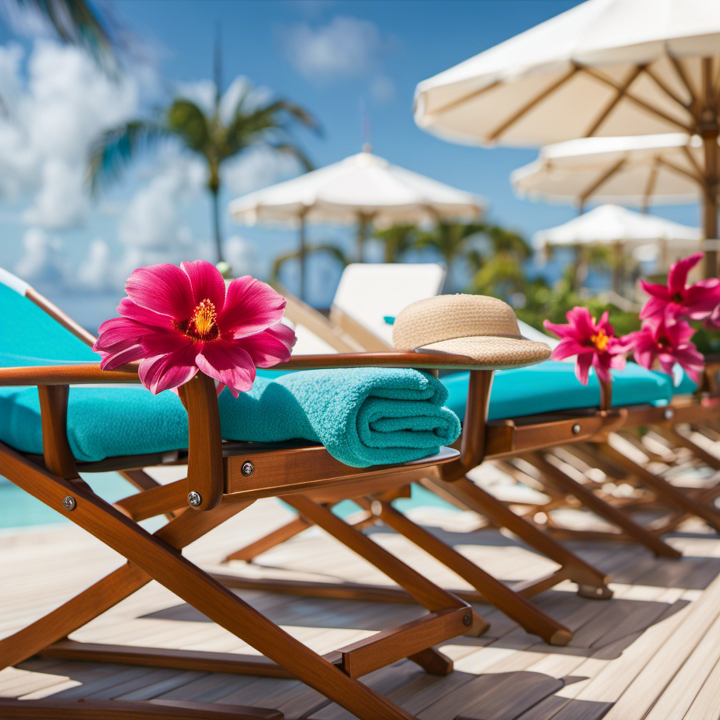 the essence of Oceania Cruises' rejuvenated Riviera with a mesmerizing image: Sun-kissed deck chairs adorned with plush turquoise towels overlook crystal-clear waters, while vibrant tropical flowers bloom in the background