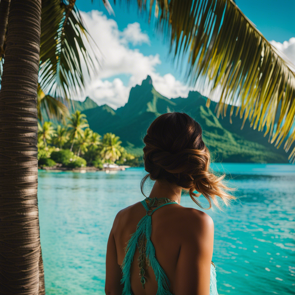 An image of crystal-clear turquoise waters, fringed with lush palm trees, as a luxurious Variety Cruise ship glides through the enchanting islands of Tahiti, showcasing their breathtaking beauty and inviting exploration