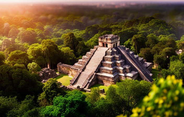 the mystique of Lamanai: An ancient Mayan city emerges from the dense rainforest, its towering pyramids piercing the sky, while lush greenery envelops the remnants of a once-thriving civilization