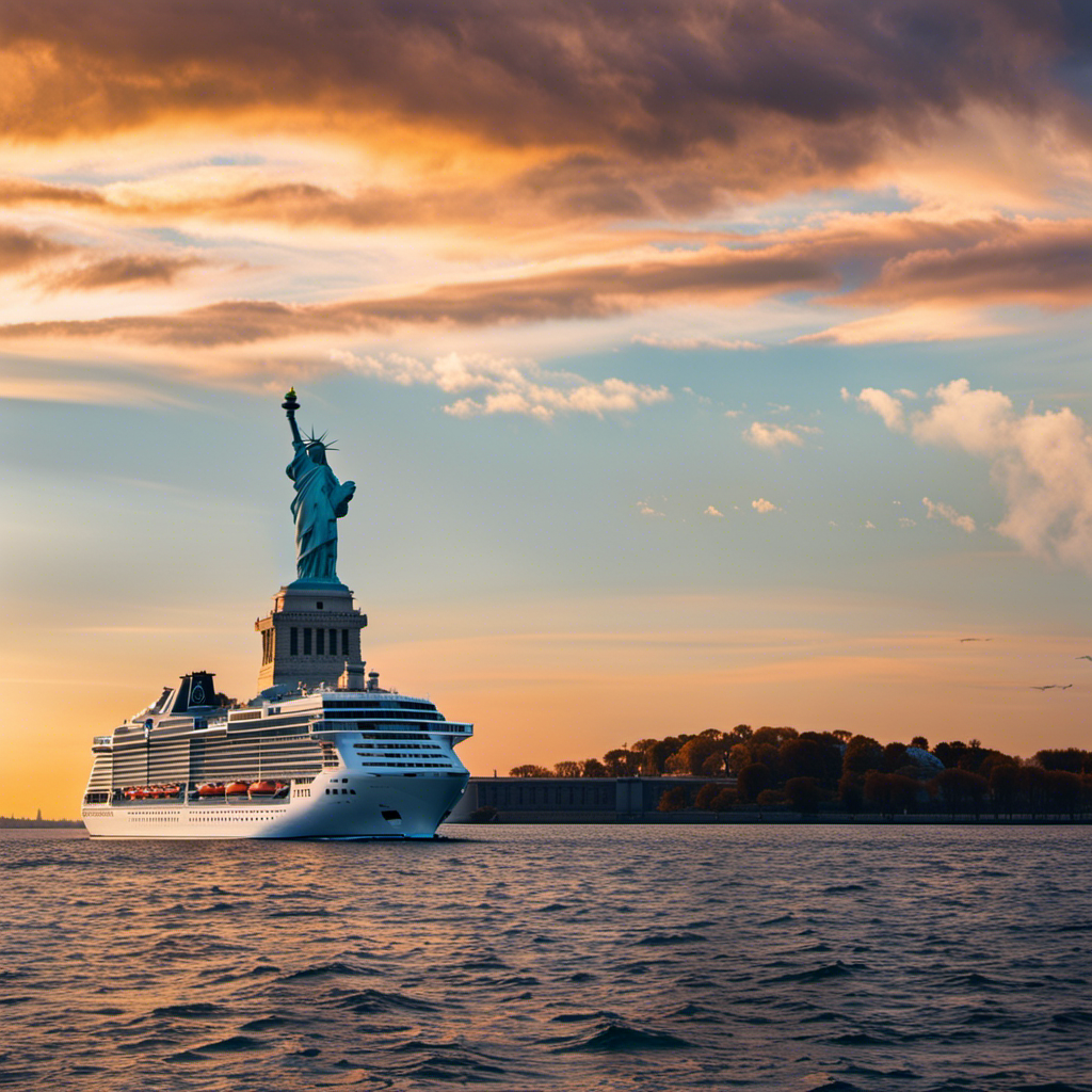 An image showcasing the MSC Meraviglia sailing against the iconic backdrop of the Statue of Liberty, enveloped by a vibrant sunset, while passengers enjoy the ship's luxurious amenities on deck