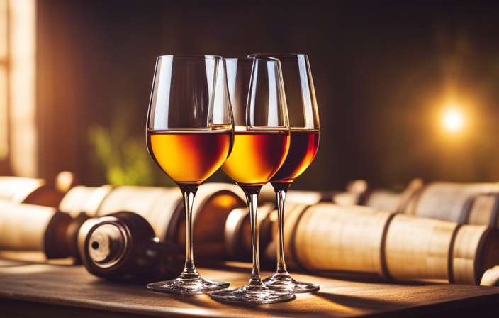 the essence of Jerez's sherry tasting experience through an image teeming with elegant wine glasses, filled to the brim with golden-hued sherry, set against a backdrop of vibrant vineyards and ancient oak barrels