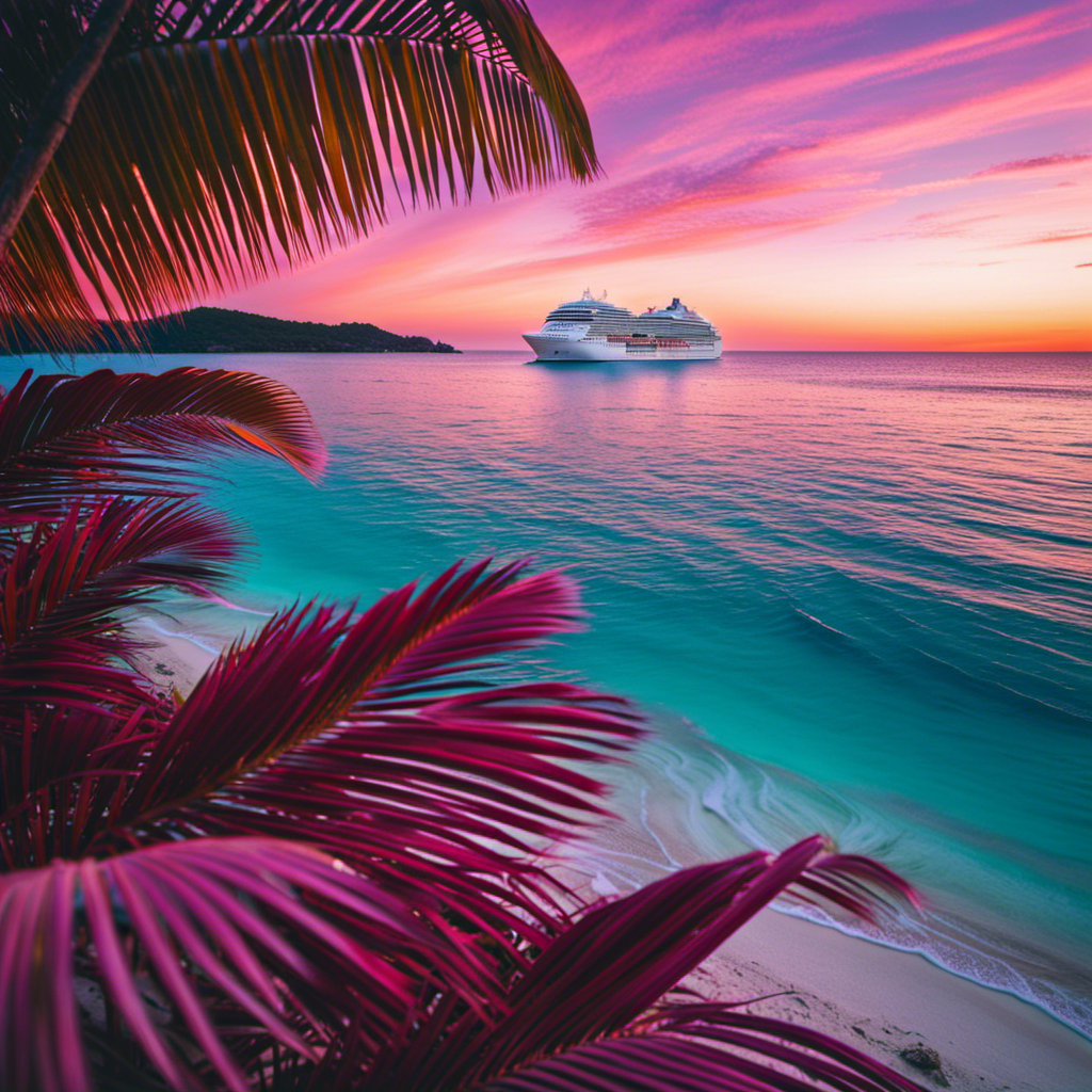 An image showcasing a luxurious cruise ship sailing through crystal-clear turquoise waters, surrounded by palm-fringed white sandy beaches, as a vibrant sunset paints the sky with hues of orange, pink, and purple
