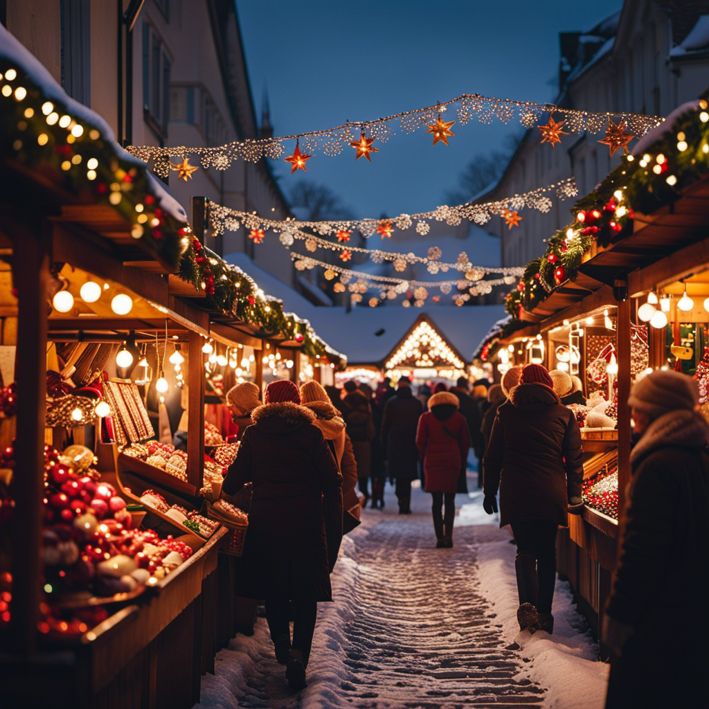 the enchantment of Europe's Christmas markets in a single frame: A snow-covered cobblestone street lined with quaint wooden stalls adorned with twinkling lights, showcasing handcrafted ornaments, steaming mugs of mulled wine, and locals wrapped in cozy scarves