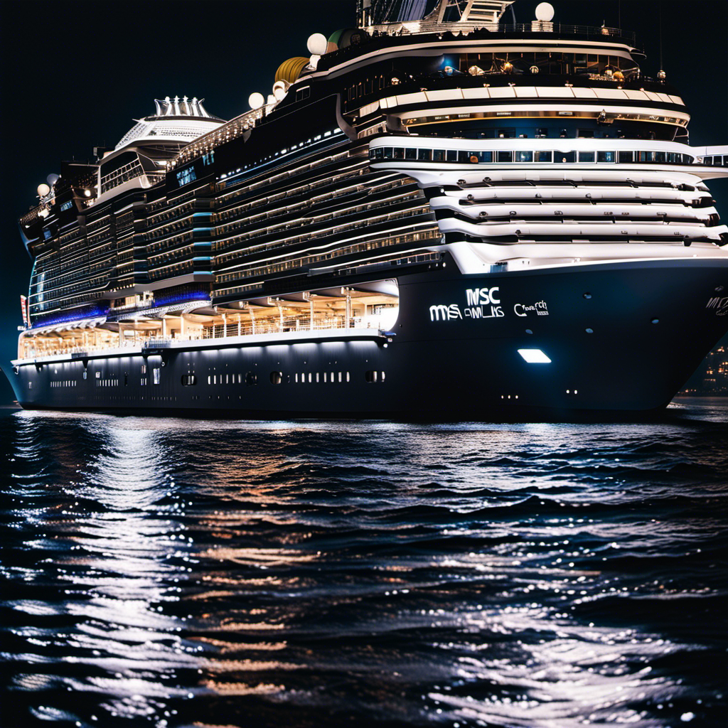 An image showcasing the stunning silhouette of MSC Meraviglia, adorned with sleek glass panels, vast deck spaces, and an iconic LED dome, inviting readers to explore the wonders of this cutting-edge cruise ship