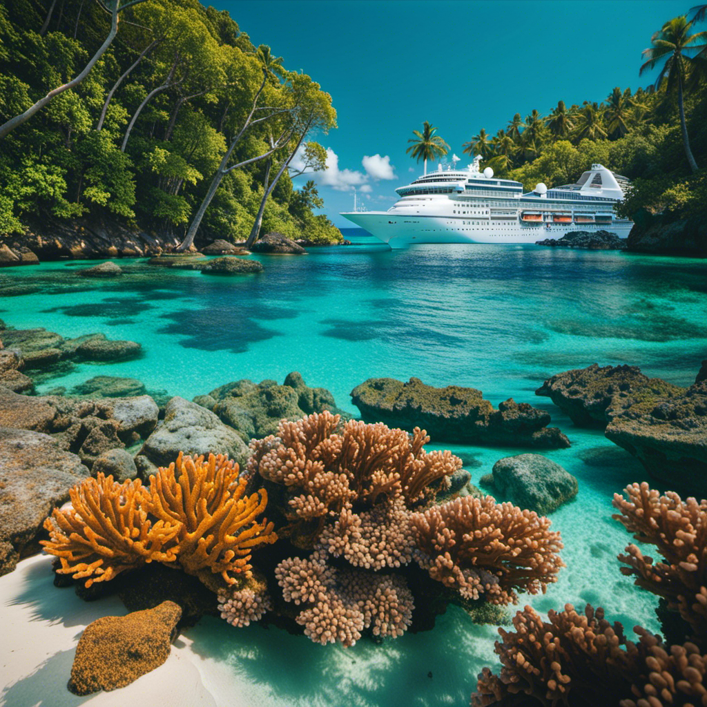 An image featuring the iconic Paul Gauguin cruise ship gracefully sailing through crystal-clear turquoise waters, with the majestic backdrop of lush, tropical islands surrounded by vibrant coral reefs and golden sandy beaches