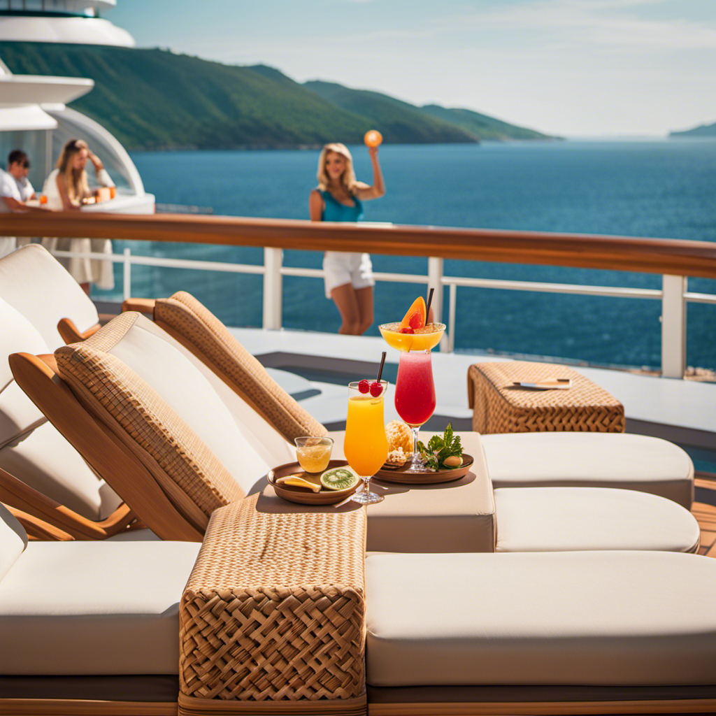 A vibrant image showcasing a luxurious Holland America Line cruise experience: a sun-kissed deck with passengers lounging on plush sunbeds, enjoying panoramic ocean views, while attentive staff serve refreshing cocktails and gourmet cuisine