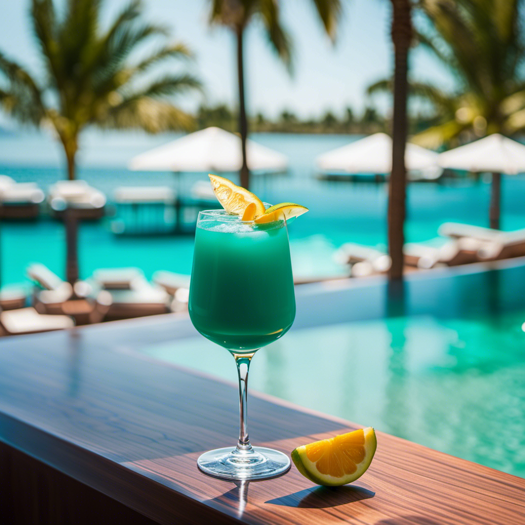 An image showcasing the glistening turquoise waters of an infinity pool on a luxurious Celebrity Cruises ship, with palm trees swaying in the background and a colorful cocktail resting on the edge