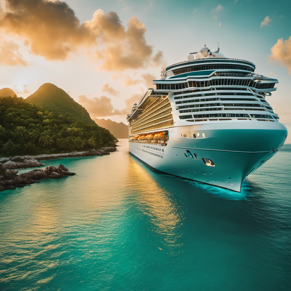 An image showcasing a grand, luxurious cruise ship sailing on pristine turquoise waters, surrounded by lush tropical islands and a golden sunset, evoking the dreamlike atmosphere of the ultimate MSC Cruises experience