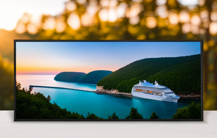 An image showcasing a majestic cruise ship gliding through crystal-clear turquoise waters of the Great Lakes, framed by lush green forests on one side and towering cliffs on the other, with a colorful sunset painting the sky