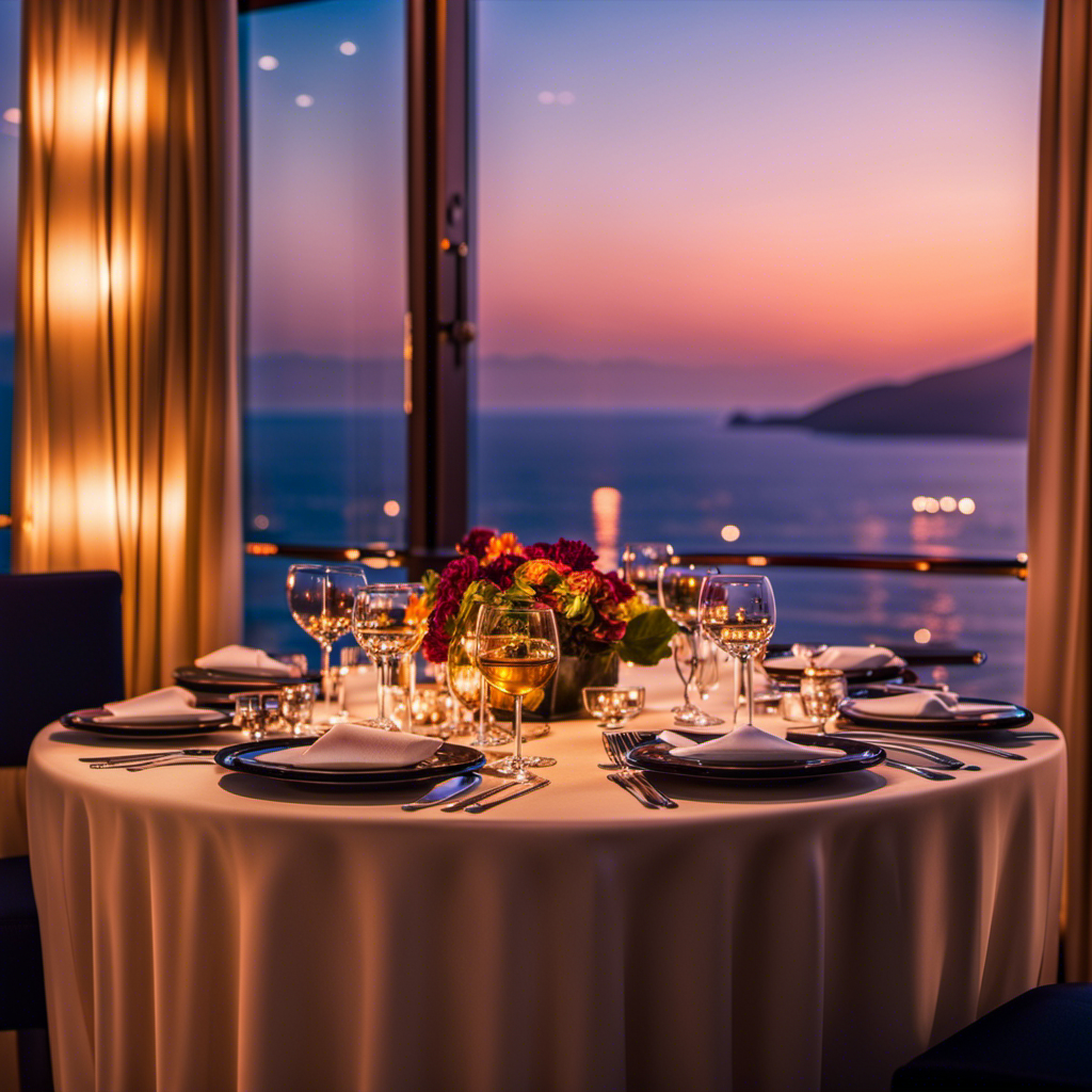 An image showcasing the stunning sunset view from the deck of an Azamara Club Cruise ship, with passengers enjoying an intimate dinner on a beautifully set table, surrounded by elegant décor and breathtaking ocean views