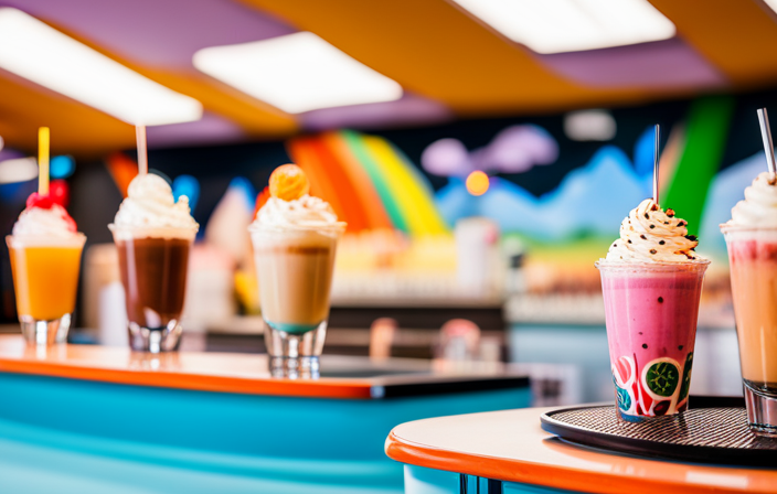 An image showcasing a vibrant milkshake bar in Utah, adorned with quirky, hand-painted murals depicting local landmarks