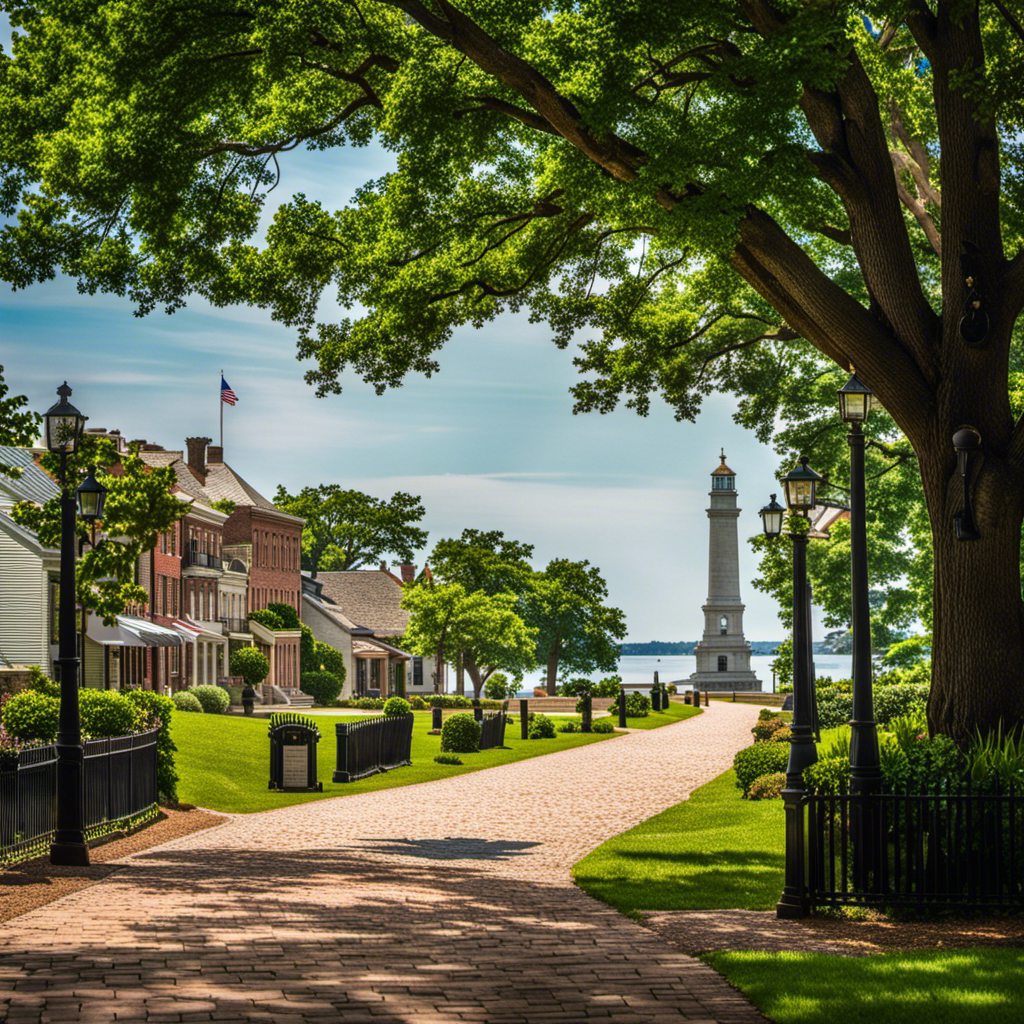 An image that captures the essence of Yorktown's historic charm: a picturesque waterfront lined with cobblestone streets, quaint colonial buildings, and the iconic Yorktown Victory Monument standing proudly against a backdrop of lush greenery
