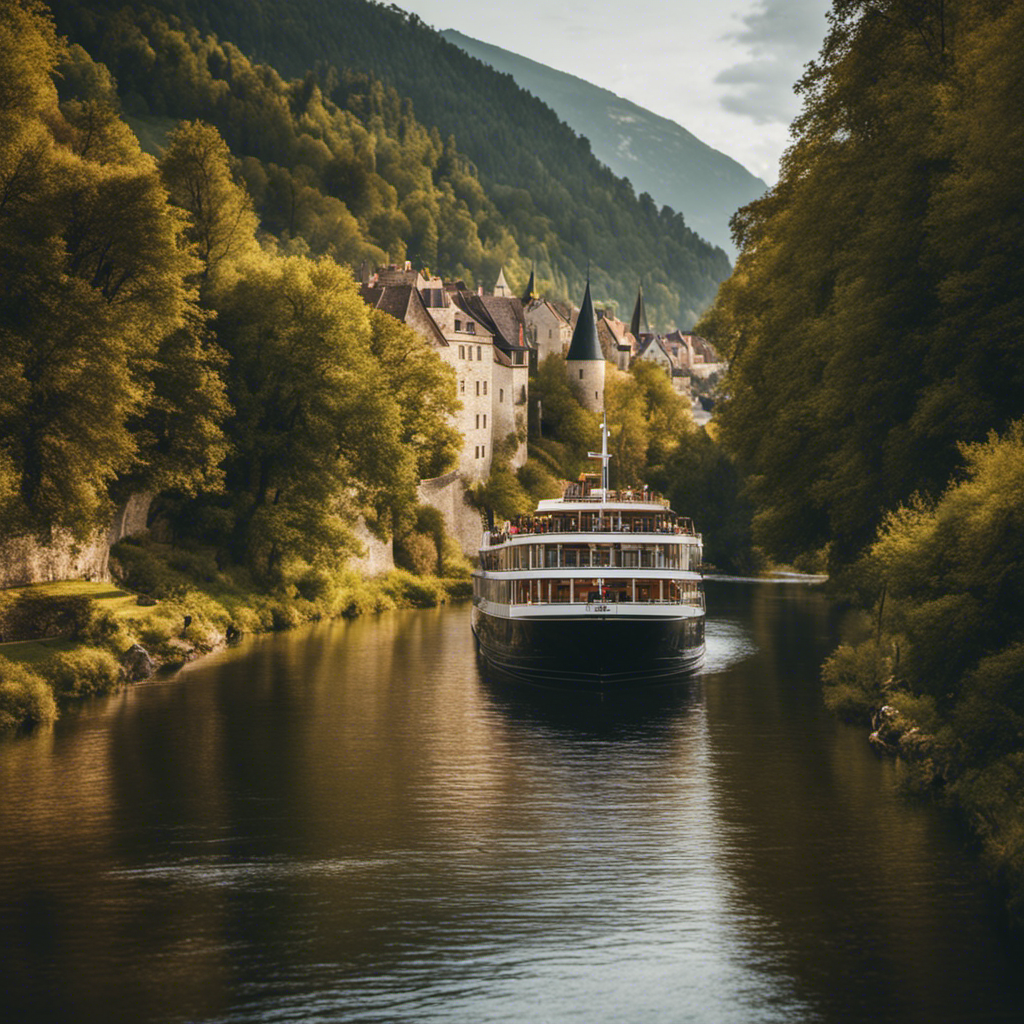 a serene river winding through picturesque European landscapes, dotted with charming villages and ancient castles