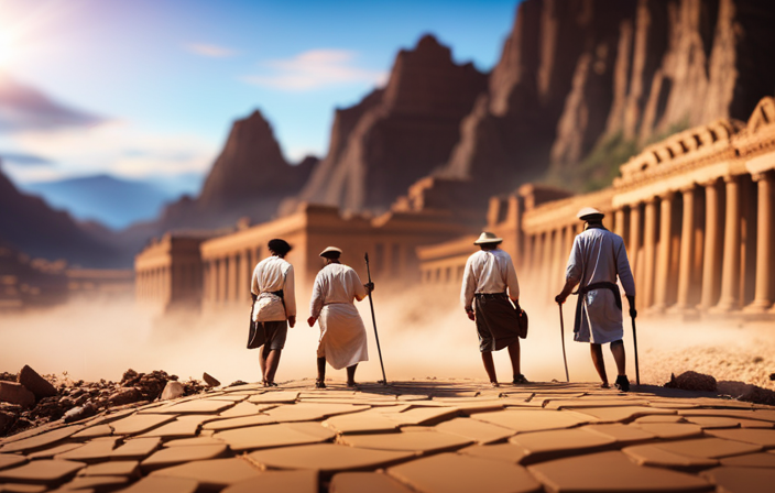 An image showcasing a team of archaeologists, equipped with excavation tools, meticulously uncovering long-lost artifacts amidst the ruins of an ancient civilization, surrounded by lush exotic landscapes and distant mountains