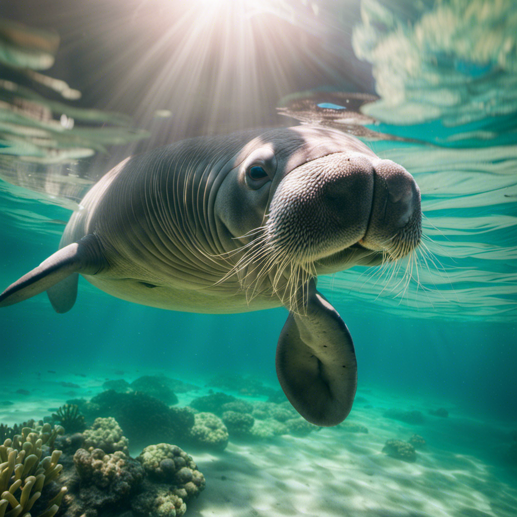 Capture the serene beauty of Belize's crystal-clear waters as a curious manatee gracefully emerges, its playful eyes gleaming with enchantment, inviting you to embark on an unforgettable encounter during your mesmerizing cruise