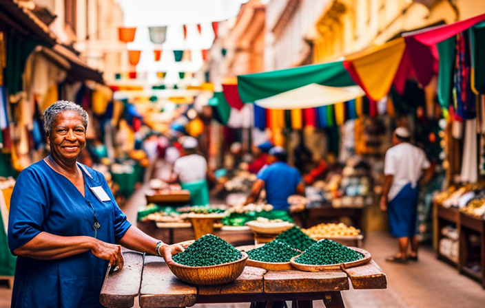 An image showcasing a sunlit emerald market in Cartagena's bustling old town